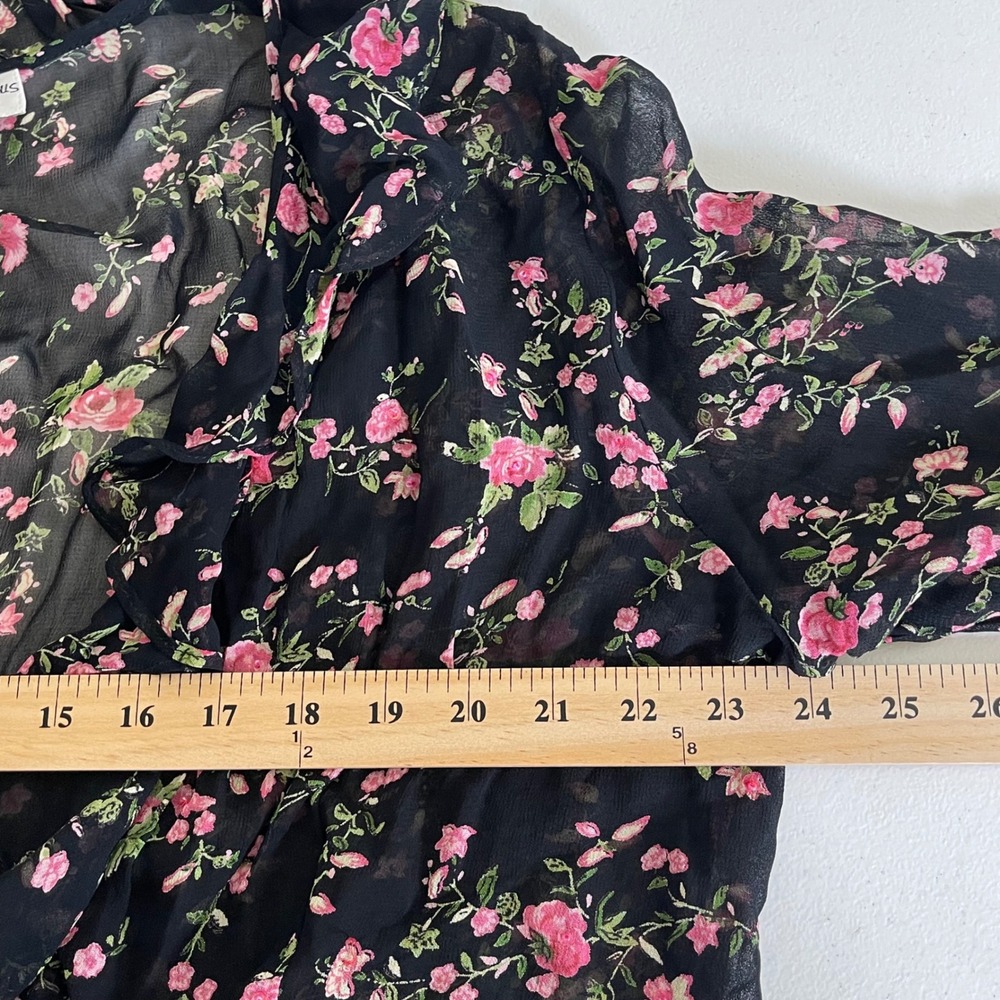 Vintage Paradise Plus Cardigan Women 1X Black Pink Floral Ruffle Tie Front Sheer - Picture 9 of 10
